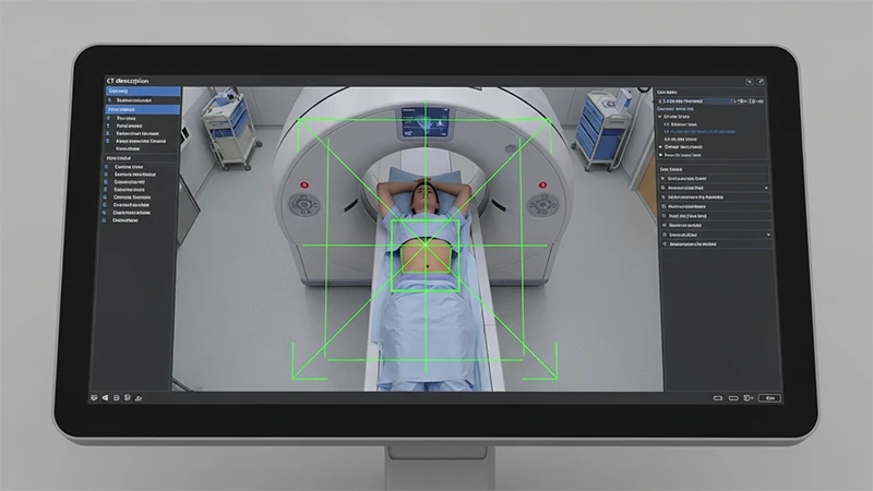 A scanner console screen showing a camera's view of a patient with AI-drawn lines indicating correct positioning.