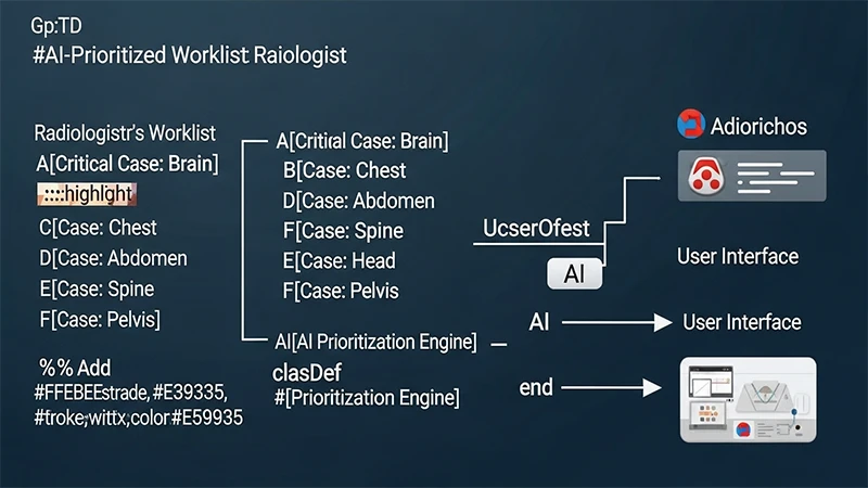 A diagram showing a radiology worklist where an AI has automatically moved a critical finding (like a brain bleed) to the top for immediate review.