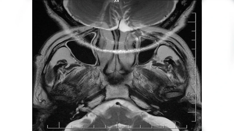 An MRI of the head where the nose has 'wrapped around' and appears on the back of the head due to an aliasing artifact.