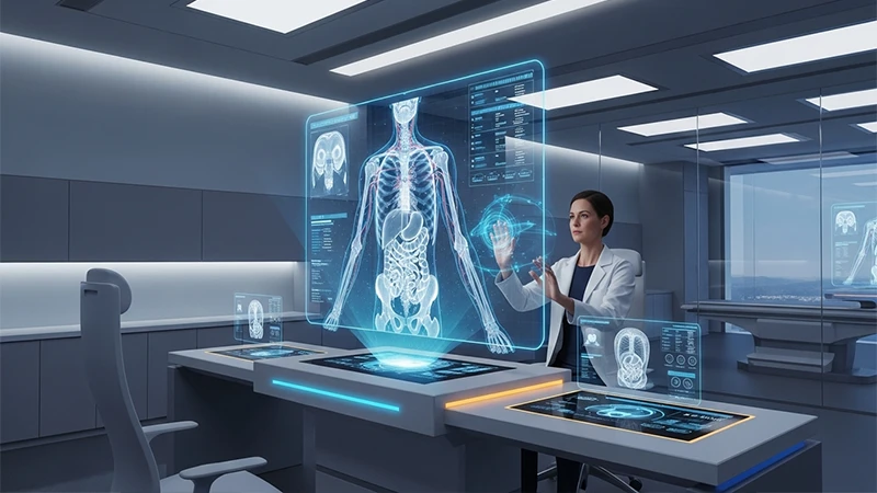 A conceptual image of a futuristic radiology reading room where humans and AI work collaboratively.