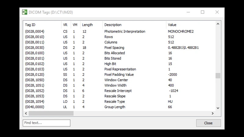 A screenshot of a DICOM viewer showing a list of tags and their corresponding values for an example scan.