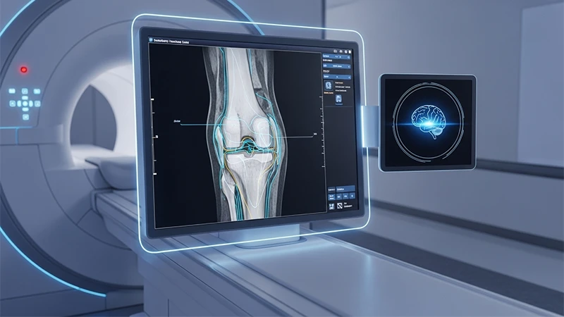 A futuristic image of an MRI console with an AI assistant helping to plan the scan.