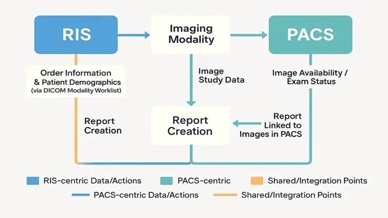 A combined workflow diagram showing how data flows between the RIS and PACS from order entry to final report.