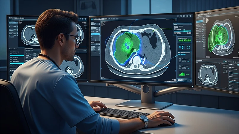 An illustration of a radiologist at a workstation with an AI overlay highlighting areas of interest on a scan.