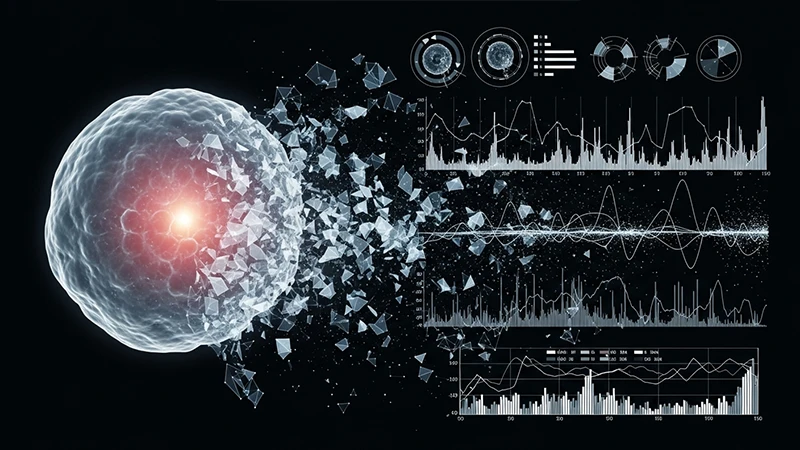 An abstract image showing a scan being broken down into data points and predictive charts.
