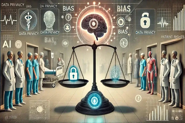 Scales of justice with a brain and AI icon