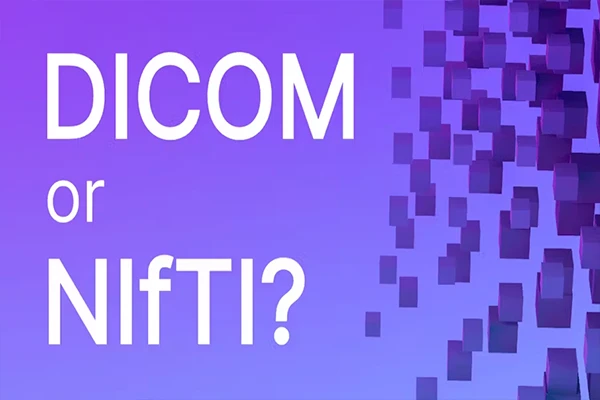Split image showing DICOM file icons vs a NIfTI brain icon