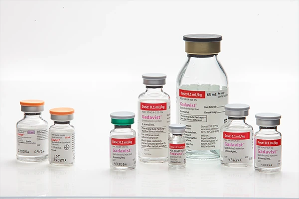 An IV bag or vial of contrast agent