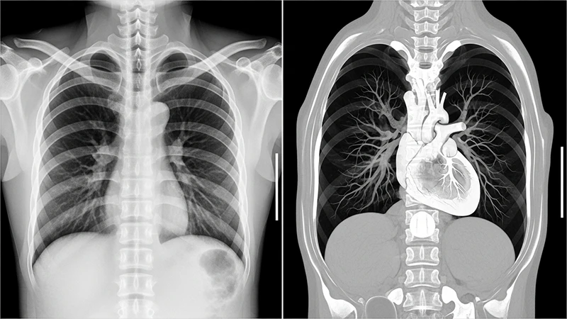 Side-by-side comparison showing a standard chest X-ray next to a detailed CT slice of the chest